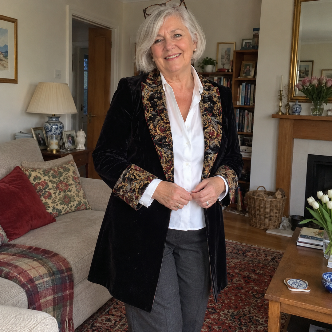 AI-generated illustrative model wearing the black patterned-lapel blazer at home.