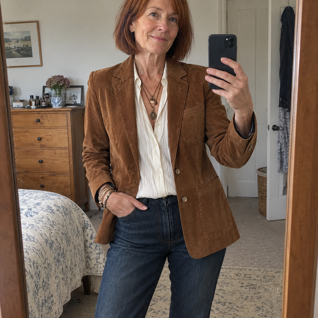 AI-generated illustrative blazer styling scene 4; fictional models.