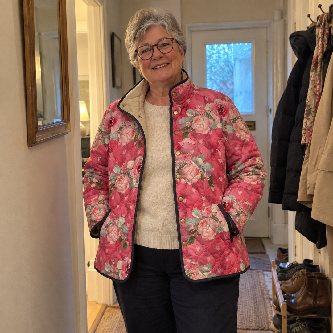 AI-generated illustrative quilted jacket styling scene 1; fictional models.