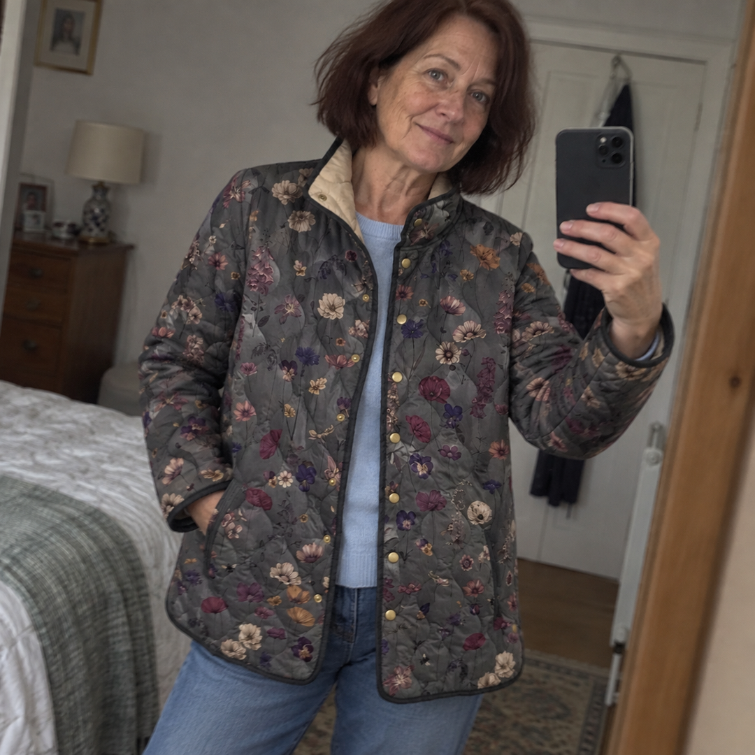 AI-generated illustrative quilted jacket styling scene 2; fictional models.