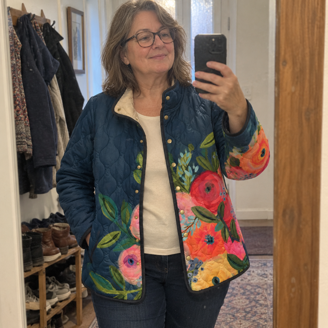 AI-generated illustrative quilted jacket styling scene 4; fictional models.