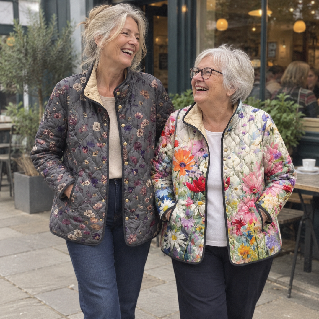 AI-generated illustrative quilted jacket styling scene 6; fictional models.