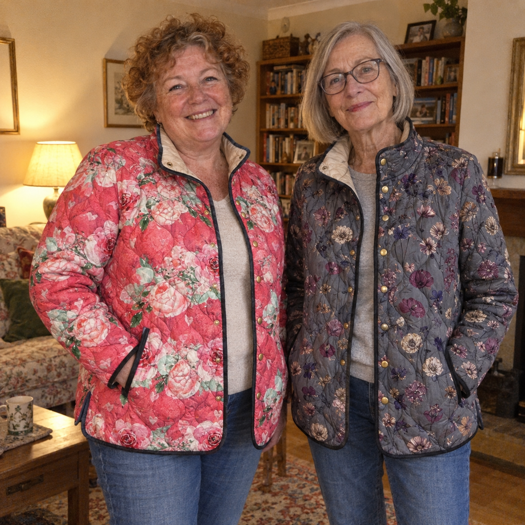 AI-generated illustrative quilted jacket styling scene 7; fictional models.